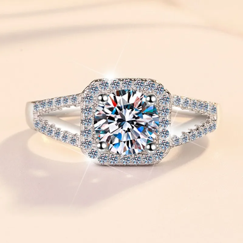2 CT Moissanite Silver Cushion Halo Ring | VVS1 & GRA Certified