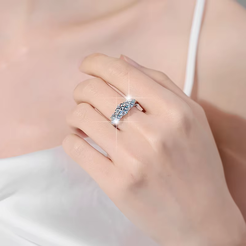 2 CT Moissanite Silver Three-Stone Ring | VVS1 & GRA Certified