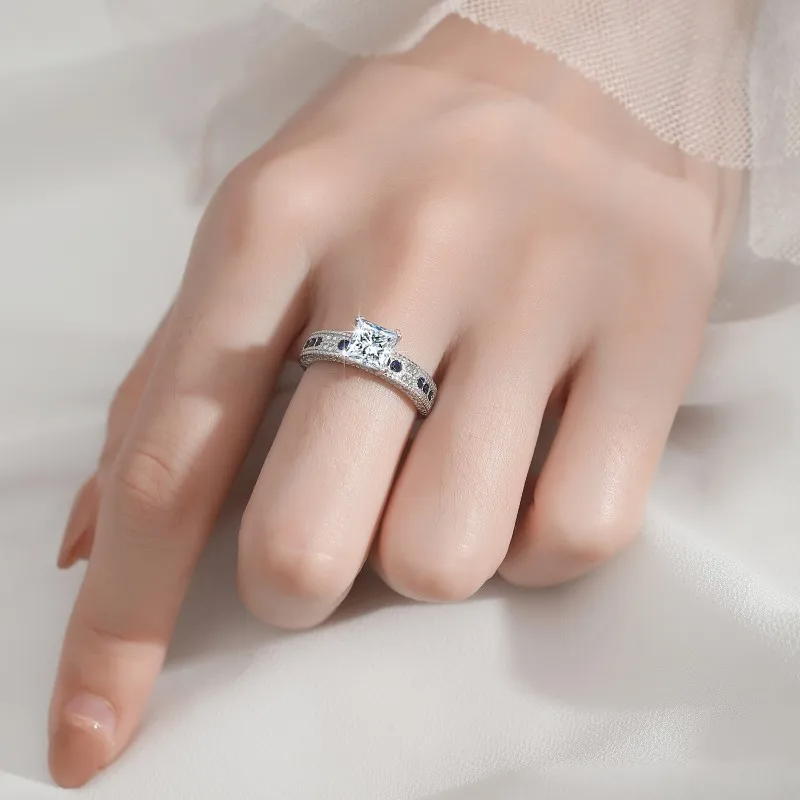 1 CT Moissanite Silver Princess-Cut Blue Accent Ring | VVS1 & GRA Certified