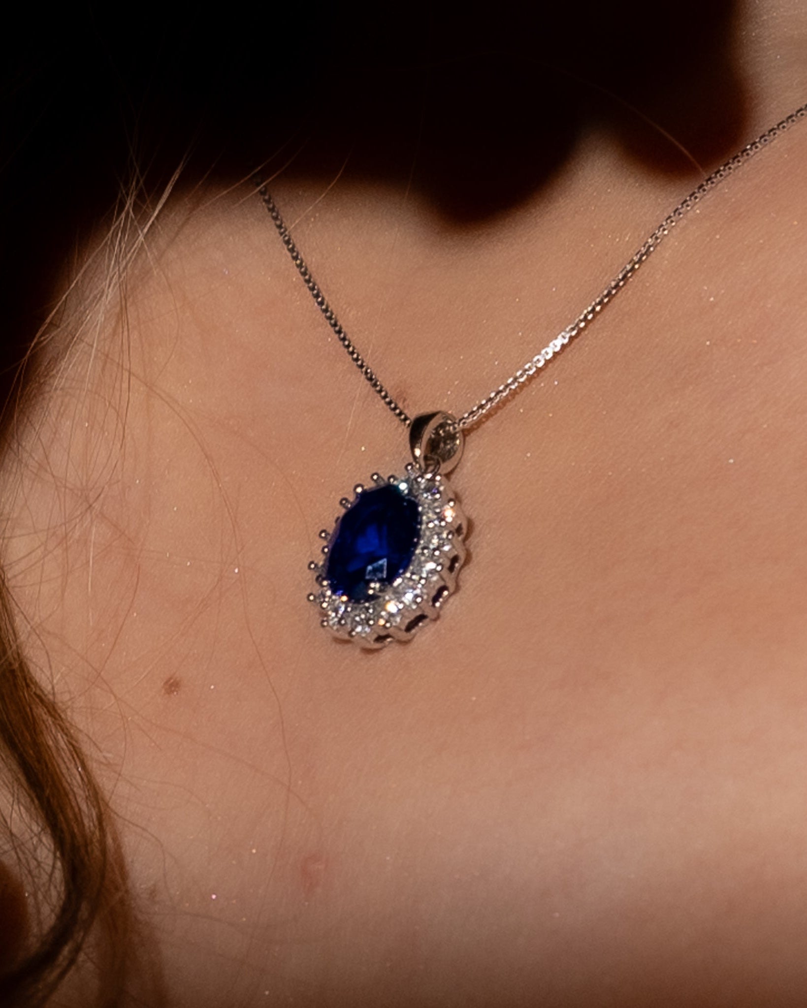 Sapphire-Blue Oval Halo Pendant Necklace | 925 Sterling Silver