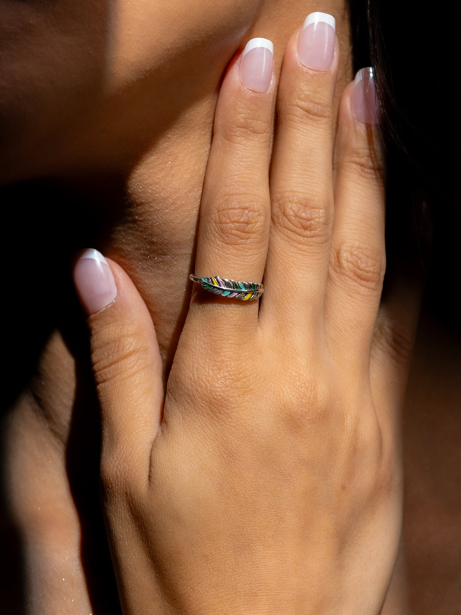 925 Sterling Silver Adjustable Colorful Feather Ring