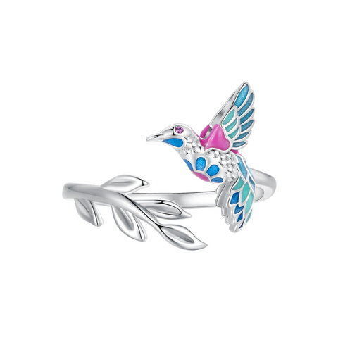 925 Sterling Silver Adjustable Colorful Bird Ring