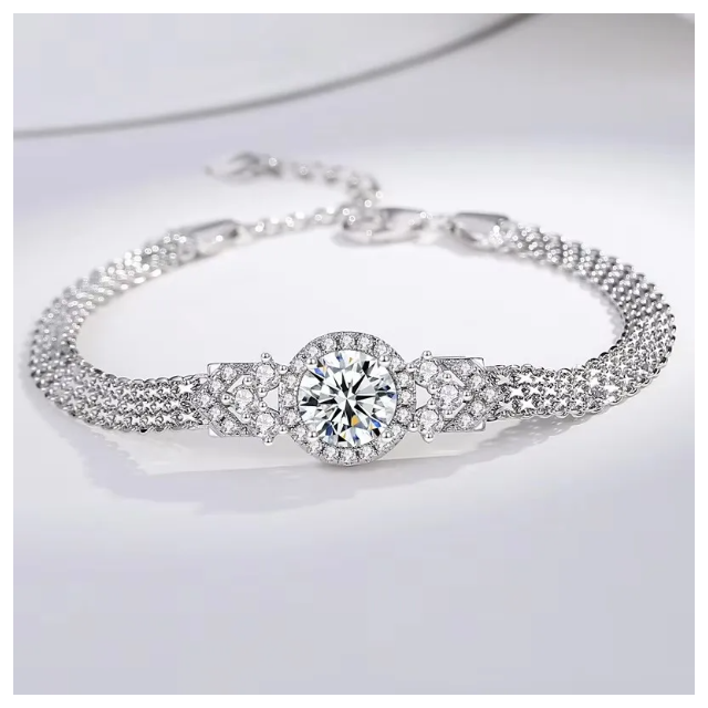 2 CT Moissanite Silver Halo Mesh Bracelet | VVS1 & GRA Certified