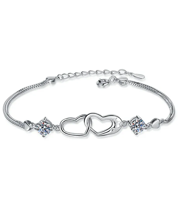 1 CT Moissanite Interlocking Hearts Silver Bracelet | VVS1 & GRA Certified