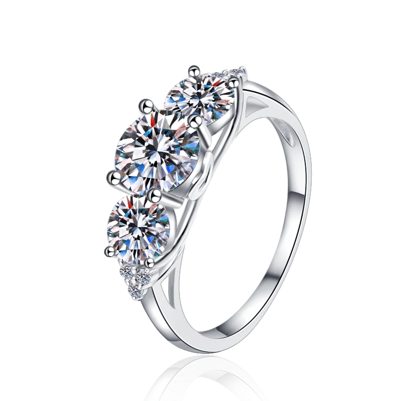 2 CT Moissanite Silver Three-Stone Ring | VVS1 & GRA Certified