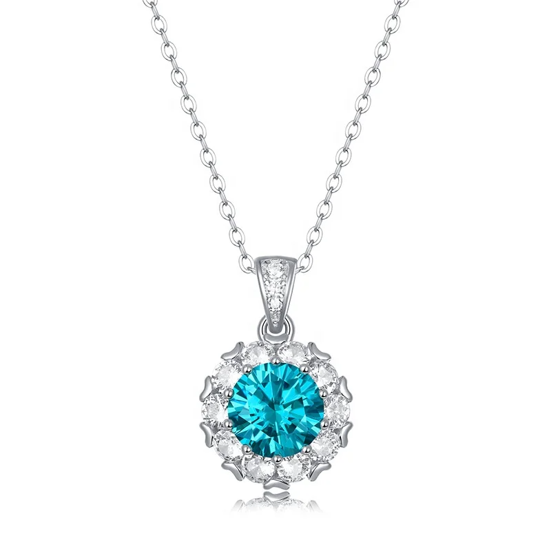 0.3 CT Blue Moissanite Silver Halo Pendant | VVS1 & GRA Certified