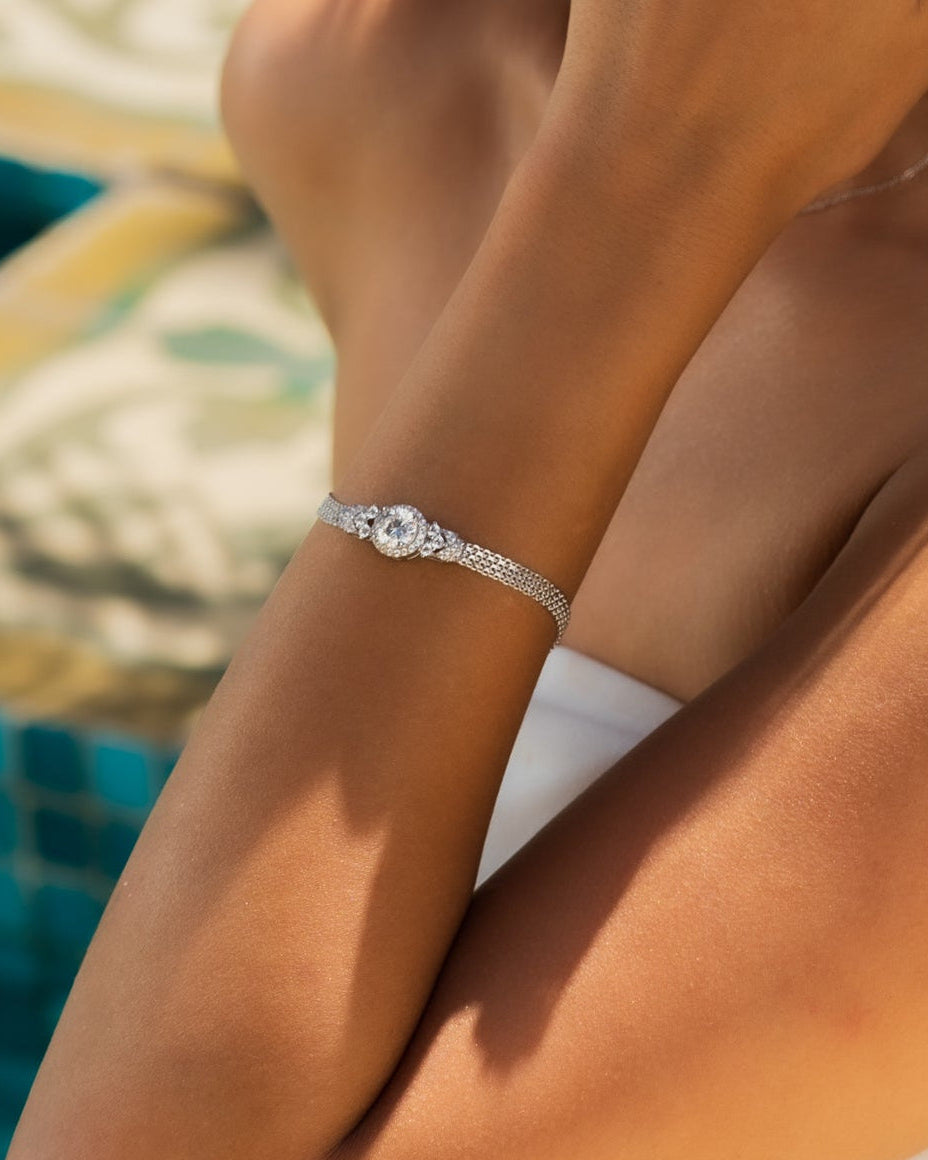 2 CT Moissanite Silver Halo Mesh Bracelet | VVS1 & GRA Certified