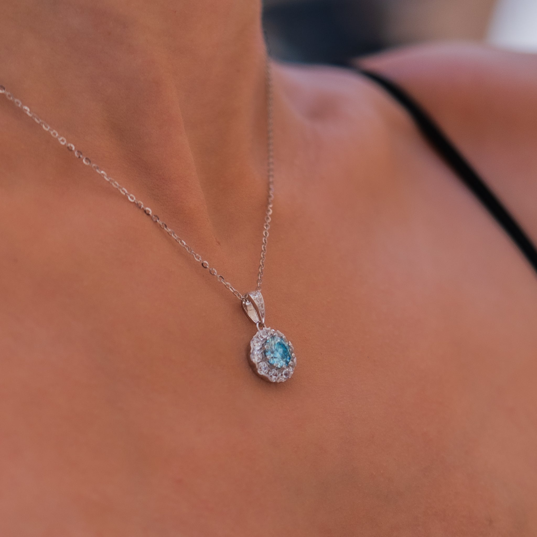 0.3 CT Blue Moissanite Silver Halo Pendant | VVS1 & GRA Certified