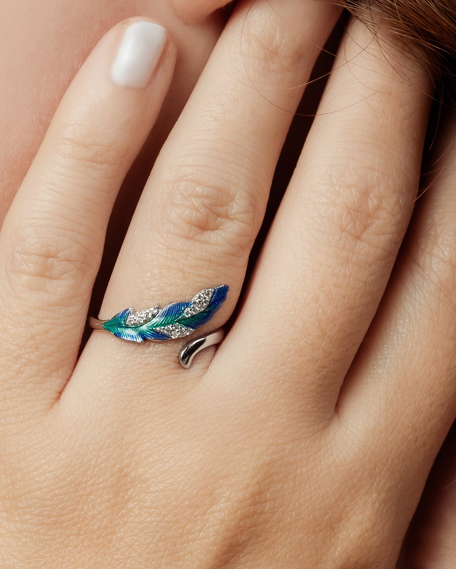 925 Sterling Silver Adjustable Blue Feather Ring
