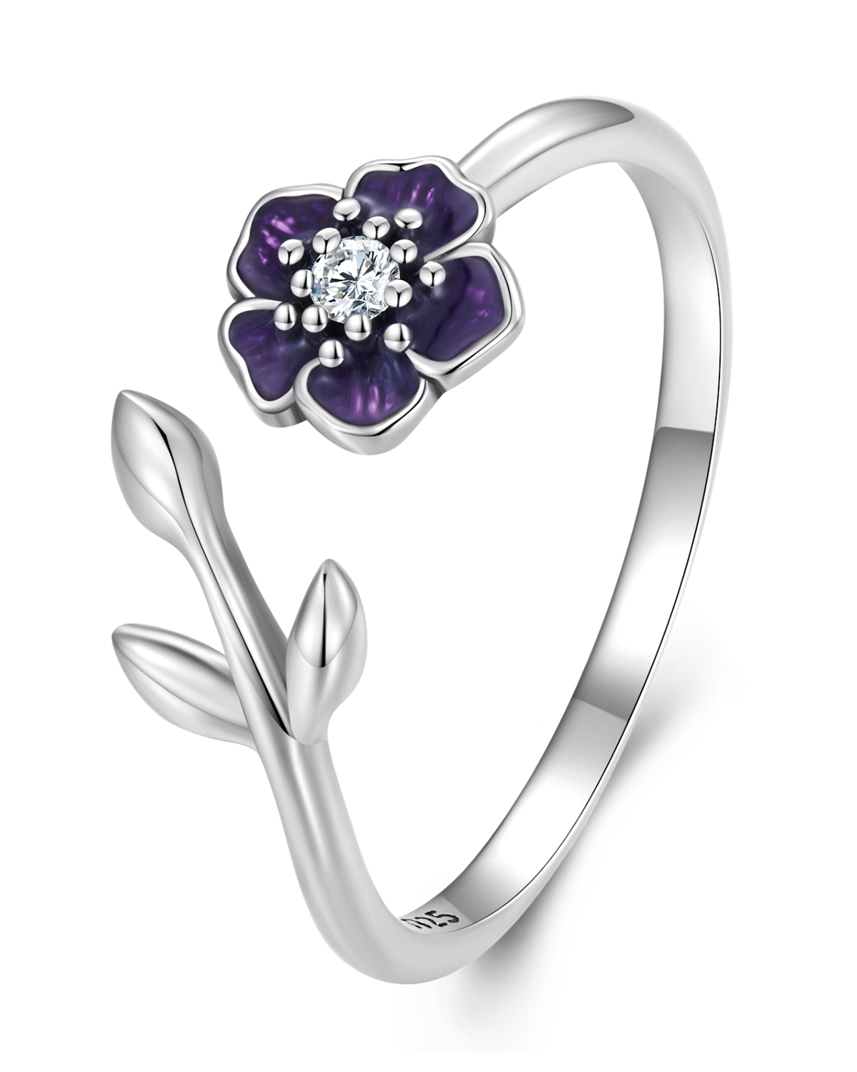 925 Sterling Silver Adjustable  Purple Flower Ring