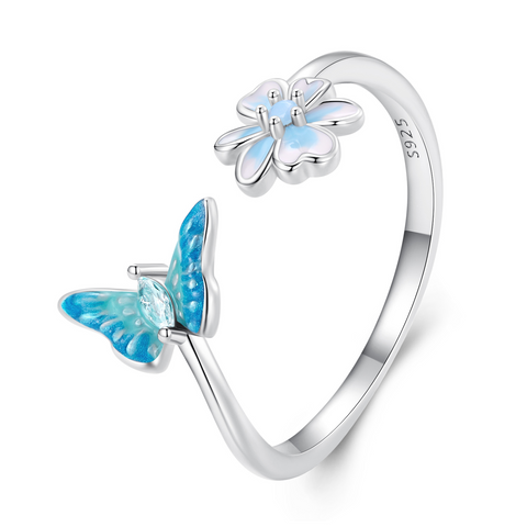 925 Sterling Silver Adjustable Blue Butterfly Ring