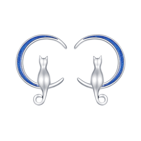 925 Sterling Silver Moon Cat Earrings