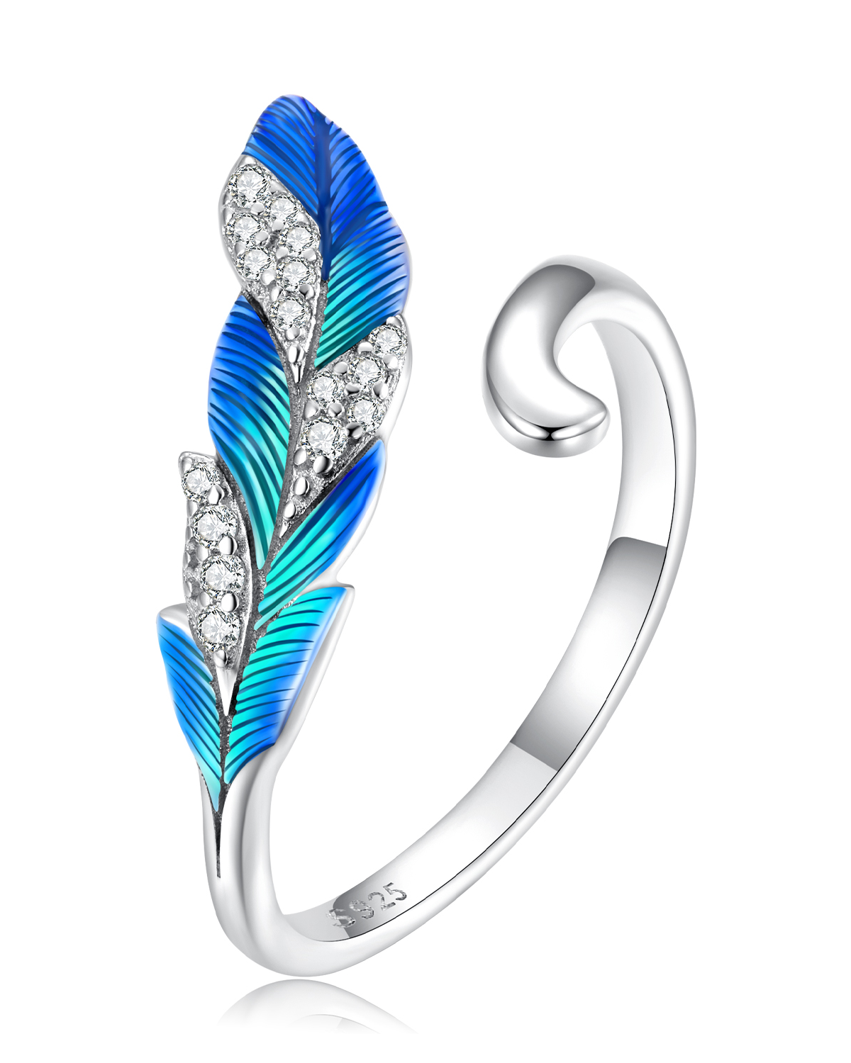 925 Sterling Silver Adjustable Blue Feather Ring
