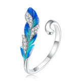 925 Sterling Silver Adjustable Blue Feather Ring