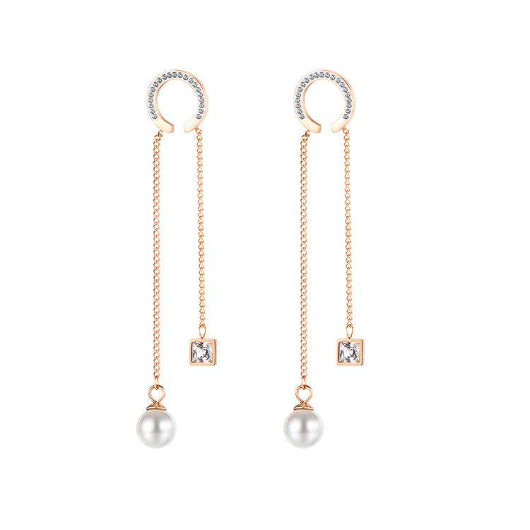 Stainless Steel Rose gold earrings with pearl and Micro Inlay Zircon